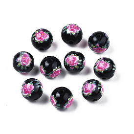 Opaque Printed Acrylic Beads, Round with Flower Pattern
