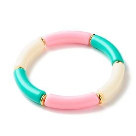 Candy Color Chunky Curved Tube Beads Stretch Bracelet, Acrylic Beads Bracelet for Women, Golden