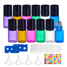 BENECREAT Glass Essential Oil Roller Bottles, with Plastic Bottle Opener, Plastic Dropper, Plastic Funnel Hopper, Cute Paper Rainbow Color Stickers