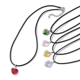 Colliers à pendentif coeur en verre pour la saint-valentin, avec des cordes en cuir imitation