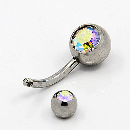 Fashionable 304 Stainless Steel Belly Rings, with Rhinestones, 24x8mm, Pin: 1mm