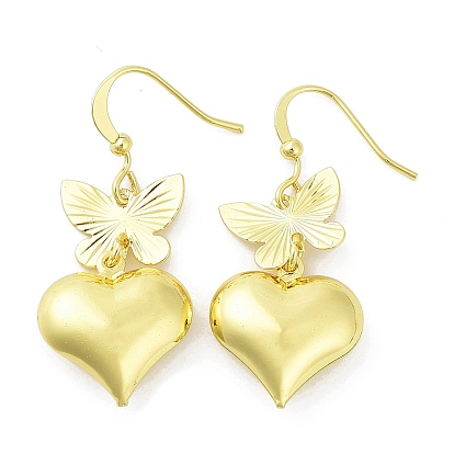 Rack Plating Brass Dnagle Earrings, Heart with Butterfly, Long-Lasting Plated