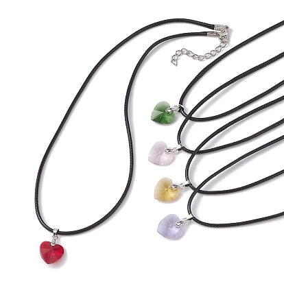 Valentine's Day Glass Heart Pendant Necklaces, with Imitation Leather Cords