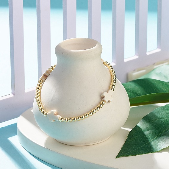 Эластичный браслет круглой формы из синтетического гематита с крестом из синтетической бирюзы (крашеный), украшения из драгоценных камней для женщин