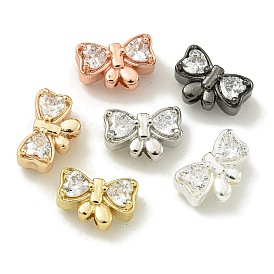 Rack Plating Brass Micro Pave Cubic Zirconia Bead, Long-Lasting Plated, Lead Free & Cadmium Free, Bowknot