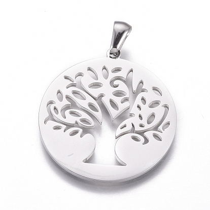 304 Stainless Steel Pendants, Cut-Out, Hollow, Flat Round with Tree
