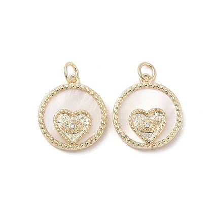 Brass Micro Pave Clear Cubic Zirconia Pendants, Cadmium Free & Nickel Free & Lead Free, Shell and Jump Ring, Flat Round with Heart Charms