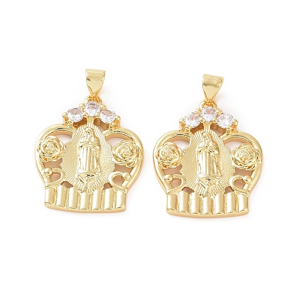 Brass Micro Pave Cubic Zirconia Pendants, Crown with Virgin Mary & Rose Charm