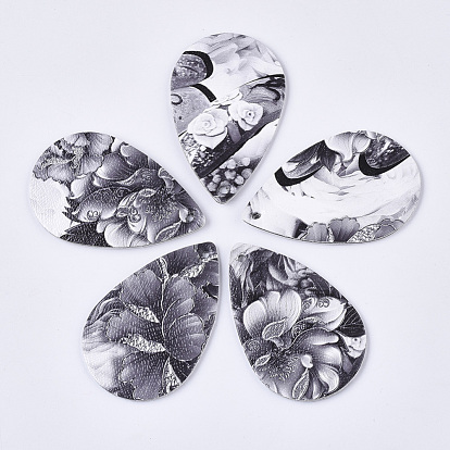 PU Leather Big Pendants, Double-Sided Flower Pattern, Teardrop