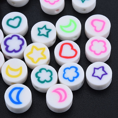 Handmade Polymer Clay Beads, Flat Round with Heart & Moon & Star & Flower