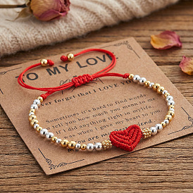 Регулируемые латунные круглые бусины, плетеные браслеты из бусин, Браслеты из нейлонового шнура в форме сердца, плетеные для пары.