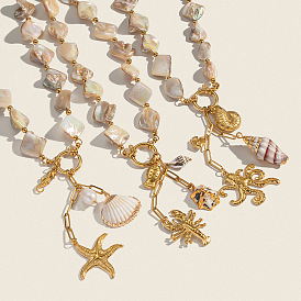 Отдых на пляже 304 подвеска из нержавеющей стали с натуральными ракушками, ожерелья из бисера для женщин, золотые