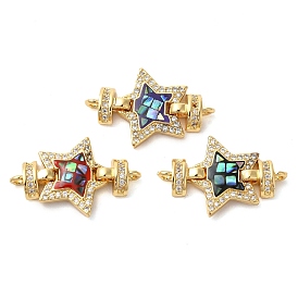 Rack Plating Brass Micro Pave Cubic Zirconia Star Connector Charms, with Enamel & Shell, Real 18K Gold Plated, Long-Lasting Plated, Lead Free & Cadmium Free