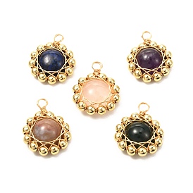 Pendentifs pierres précieuses naturelles mixtes, avec perles intercalaires en laiton et fil de cuivre écologique, ronde, or