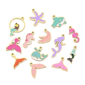 Ion Plating(IP) 304 Stainless Steel Charm, Sea Animal Theme Enamel Charms, Real 14K Gold Plated, Fishtail/Whale/Sea Horse/Starfish/Mermaid Charm