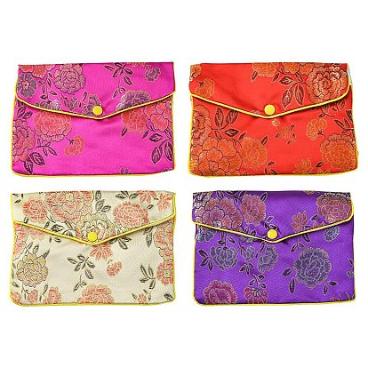 Rectangle Floral Embroidery Cloth Zipper Pouches, Jewelry Storage Bags