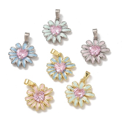 Brass Pave Pink Cubic Zirconia Pendants, with Enamel, Flower & Heart Charms, Lead Free & Cadmium Free, Long-Lasting Plated, Rack Plating