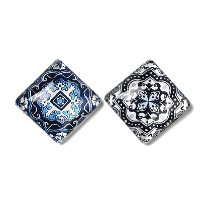 Glass Cabochons, Square with Flower Pattern