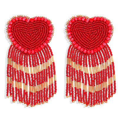 Bohemian Style Beaded Tassel Earrings with Retro Peach Heart Pendant Jewelry