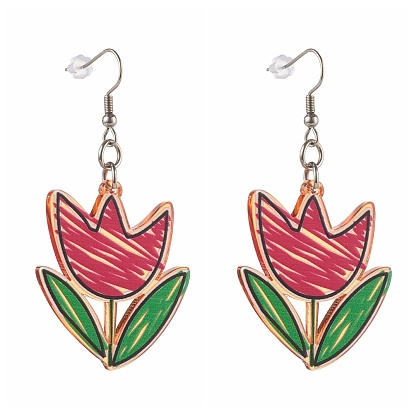 Transparent Acrylic Dangle Earrings, with 316 Surgical Stainless Steel Earring Hooks and Plastic Ear Nuts, Flower