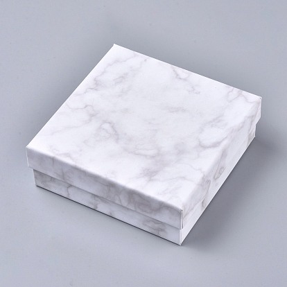 Square Kraft Cardboard Jewelry Boxes, Marble Pattern Necklace Pendant Boxes, with Black Sponge