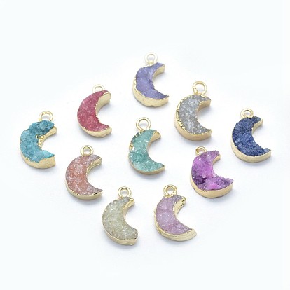 Natural Quartz Pendants, with Golden Tone Brass Findings, Moon