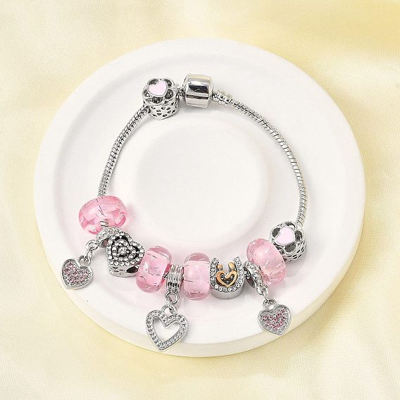 Сплав эмаль европейские бусины браслеты с подвесками, браслеты из змеиной цепи для женщин, сердце, смолой и горный хрусталь, без свинца и без кадмия