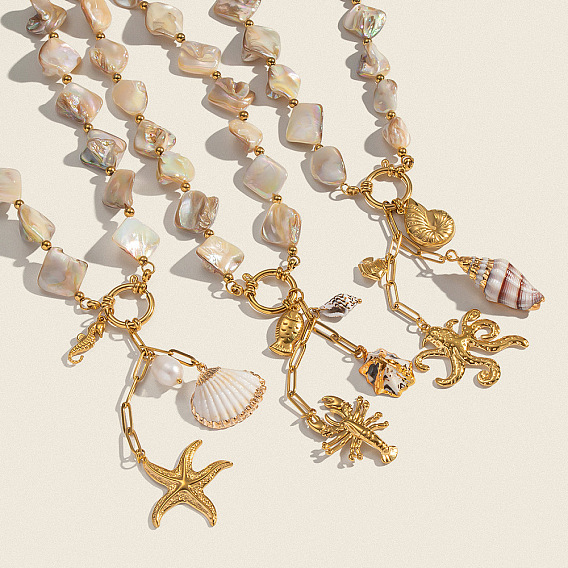 Отдых на пляже 304 подвеска из нержавеющей стали с натуральными ракушками, ожерелья из бисера для женщин, золотые