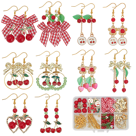 Наборы для изготовления сережек с вишнями своими руками, в том числе фурнитуру из латуни и сплавов., бант из полиэфирной ленты, акриловые бусы и подвески
