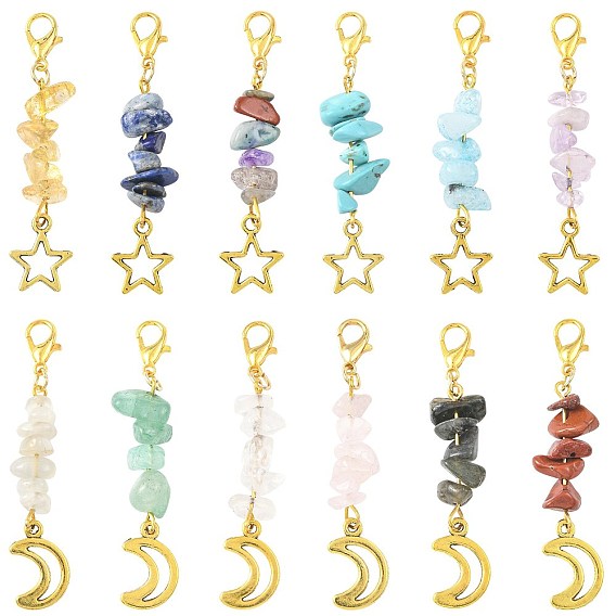 12Pcs Natural & Synthetic Gemstone and Star Moon Alloy Pendant Decorations, with Alloy Lobster Claw Clasps