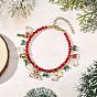 Alloy Enamel Christmas Hat Holly Leaves Charm K9 Glass Faceted Bicone Beaded Bracelets, Golden