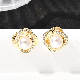 Серьги-гвоздики из латуни с микро-паве и прозрачным фианитом, с пластиковой имитационной жемчужиной, без кадмия и без свинца