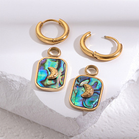 Boucles d'oreilles pendantes en acier inoxydable et nacre d'ormeau, boucles d'oreilles créoles rectangulaires avec lune
