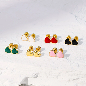 Heart Stainless Steel Stud Earring, with Enamel, Real 18K Gold Plated