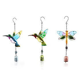 Glass Wind Chime, Art Pendant Decoration, with Iron Findings, for Garden, Window Decoration, Bird/Dragonfly
