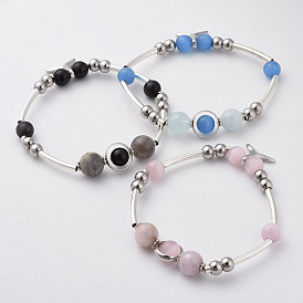 Cat Eye Beads Stretch Bracelets, with Natural Gemstone Beads, 304 Stainless Steel Beads, Brass Charms and Tube Beads, Whale Tail Shape