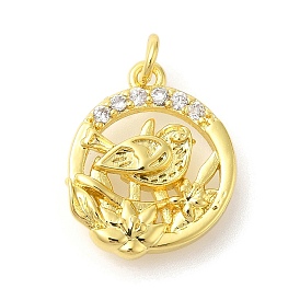 Rack Plating Brass Micro Pave Cubic Zirconia Pendants, Long-Lasting Plated, Lead Free & Cadmium Free, Round with Bird & Flower