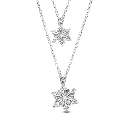 Brass Tiered Necklaces, Layered Necklaces, with Grade AAA Cubic Zirconia and Cable Chains, Snowflake