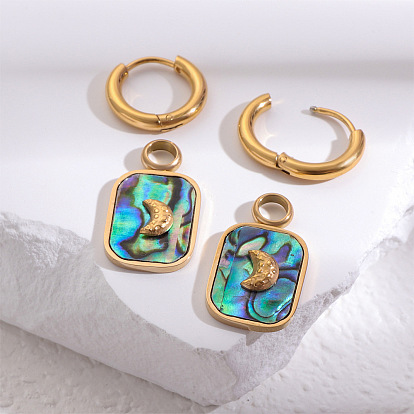 Boucles d'oreilles pendantes en acier inoxydable et nacre d'ormeau, boucles d'oreilles créoles rectangulaires avec lune