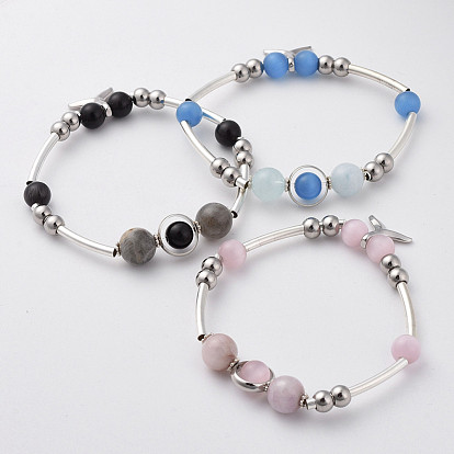 Cat Eye Beads Stretch Bracelets, with Natural Gemstone Beads, 304 Stainless Steel Beads, Brass Charms and Tube Beads, Whale Tail Shape