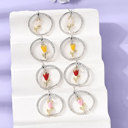 Латунные микро проложить серьги стержня кубического циркония, кольцо и цветок, с эмалью, стойки покрытие, долговечный, без кадмия и без свинца, платина