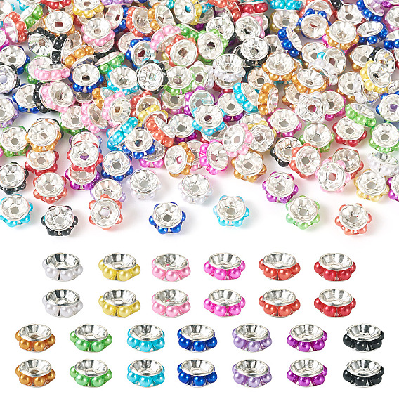 200 латунные бусины шт., с абс пластмассовой имитационной жемчужиной, плоско-круглые, серебряные