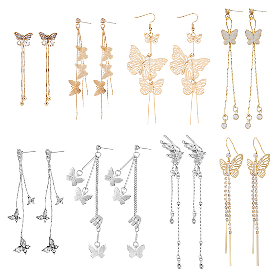 8 пары 8 стильные серьги-бабочки с кристаллами, стразами и прозрачным кубическим цирконием, серьги с кисточками из сплава для женщин