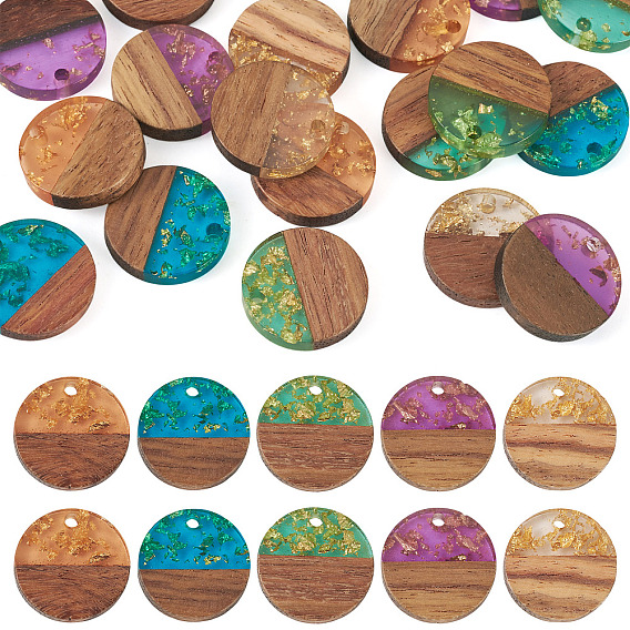 20 шт 5 цвета подвески из смолы и ореха, плоско-круглые, золотая фольга
