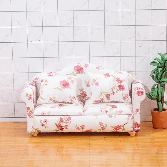 Миниатюрные украшения для дивана из дерева и ткани с цветочным рисунком, аксессуары для домашнего кукольного домика с микро-ландшафтом, притворяясь опорными украшениями