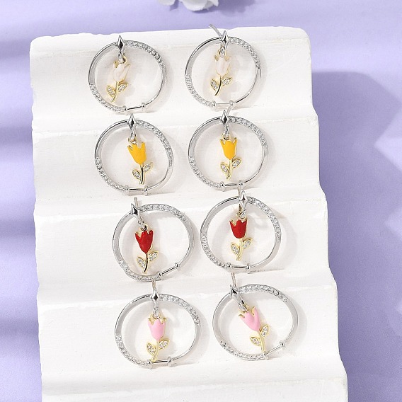 Micro cuivres ouvrent zircone cubique boucles d'oreille, bague et fleur, avec l'émail, crémaillère plaquage, plaqué longue durée, sans cadmium et sans plomb, platine