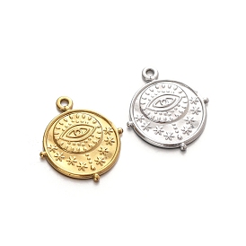 304 Stainless Steel Pendants, Flat Round with Eyes Charm