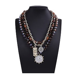 Прямоугольная монета с подвеской из сплава солнца, многослойные ожерелья из смолы и стеклянных бусин, античное серебро