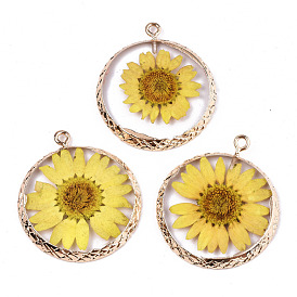 Transparent Clear Epoxy Resin & Dried Flower Pendants, with Edge Light Gold Plated Iron Loops, Flat Round