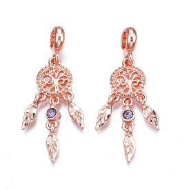Rack Plating Alloy European Dangle Charms, with Tanzanite Rhinestone, Large Hole Pendants, Cadmium Free & Nickel Free & Lead Free, Woven Net/Web with Feather